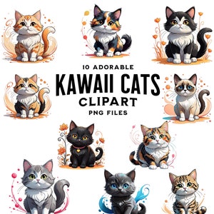 10 Kawaii Cats Clipart - PNG Files - 10 Cute Cats in Different Fur Color - Digital Stickers