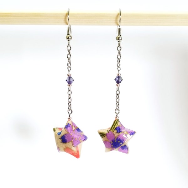 Origami paper lucky star earrings - beige and purple, nickel free