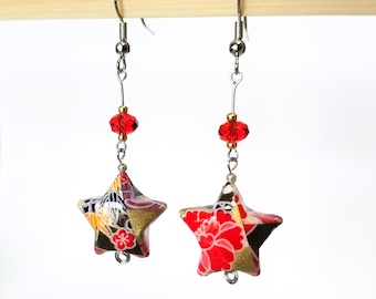 Origami paper lucky star earrings - red, hypoallergenic stainless steel