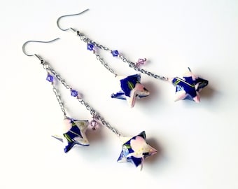 Origami paper lucky star earrings - purple and rose, nickel free
