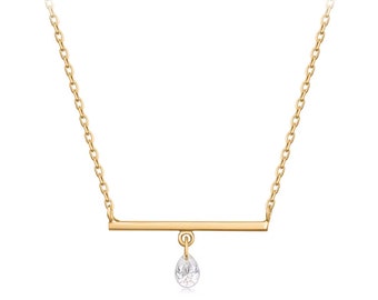 14k Solid Gold Dangling Geometric Diamond Bar Necklace, dainty, elegant and perfect for stacking
