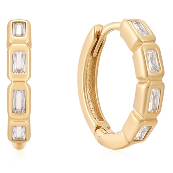 14k Solid Gold Baguette White Sapphire Hoop Earrings in a Bezel Setting -- Modern Trendy Elegant Minimal