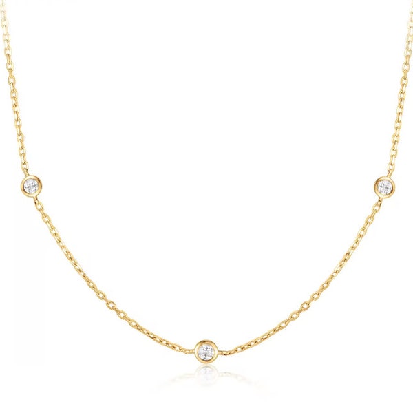 14 Solid Gold Diamond Bezel Necklace -- Modern Trendy Dainty Stacking Adjustable Length 16", 17", or 18"