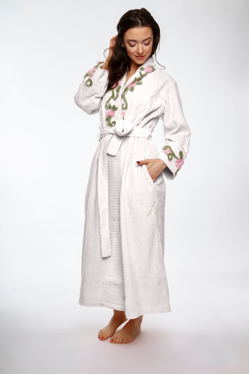 Vine Floral Embroidered Shawl Collar Chenille Robe Full Length Chenille ...