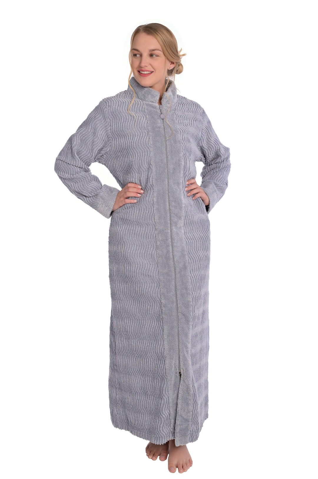 Womens Soft Wavy Chenille Zipper Robe Full Length Chenille Zipper Gown ...
