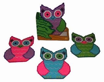 Fun & Funky Owls Coaster Set Plastic Canvas PDF PATTERN ONLY  **Not Finished Product**