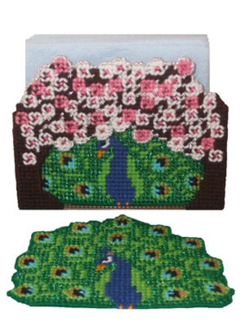 Pretty Peacock Coaster Set and Napkin Holder Plastic Canvas PDF PATTERN ONLY Not Finished Product image 3