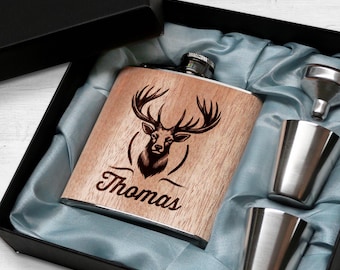 Jäger Geschenk Holz Flachmann Hirsch mit Gravur Flachmann Jäger Geschenkidee Männer