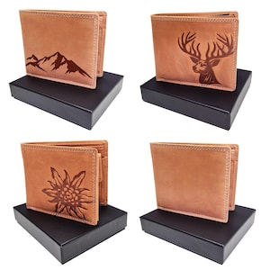 Leder Geldbörse Herren Geldbeutel als Männer Geschenk Jäger & Bergsteiger. Echt Leder Geldtasche Herren Geldbörse Hirsch Portemonnaie Berge