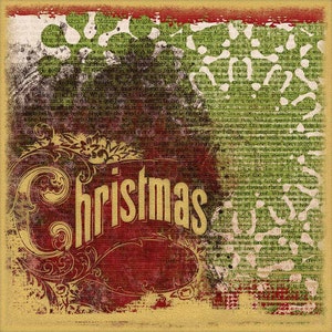 Puede incluir: Una tarjeta de Navidad vintage con un esquema de color rojo, verde y dorado. La palabra "Navidad" est&aacute; escrita en letras doradas con un adorno decorativo. El fondo es un collage de textos e im&aacute;genes antiguas.
