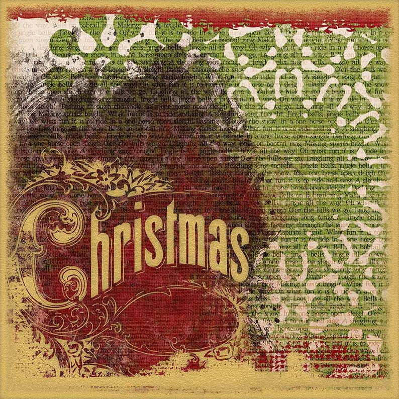 Puede incluir: Una tarjeta de Navidad vintage con un esquema de color rojo, verde y dorado. La palabra "Navidad" est&aacute; escrita en letras doradas con un adorno decorativo. El fondo es un collage de textos e im&aacute;genes antiguas.