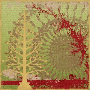 Puede incluir: Una impresi&oacute;n de arte digital que presenta un &aacute;rbol estilizado dorado con bayas rojas sobre un fondo verde y rojo. El fondo tiene un patr&oacute;n texturizado e incluye texto.