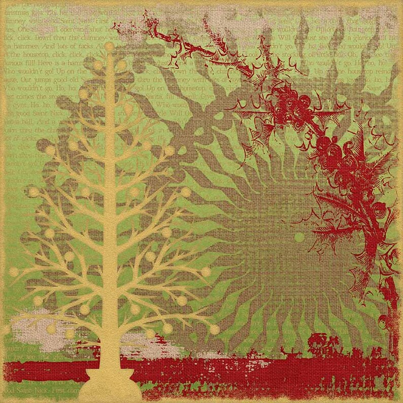Puede incluir: Una impresi&oacute;n de arte digital que presenta un &aacute;rbol estilizado dorado con bayas rojas sobre un fondo verde y rojo. El fondo tiene un patr&oacute;n texturizado e incluye texto.