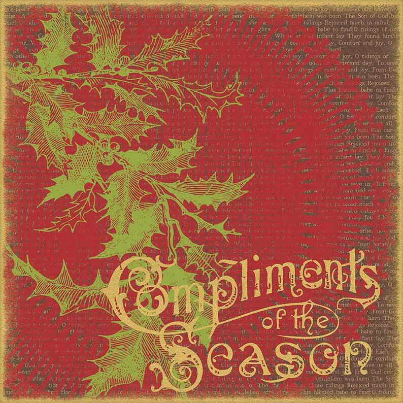 Puede incluir: Una tarjeta de Navidad roja y dorada con un dise&ntilde;o vintage. La tarjeta presenta una rama de acebo y el texto "Compliments of the Season".