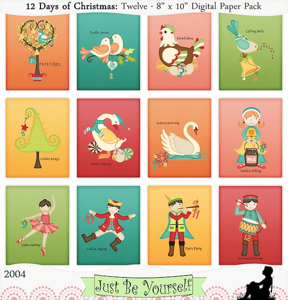 12 Days of Christmas Whimsical Wall Art images -  Set of 12 Printable 8 x 10 Sheets - JPEG ONLY 2004