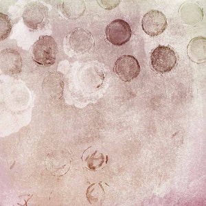 May include: Abstract art print with a pink background and a pattern of overlapping circles in shades of brown, white, and gray.