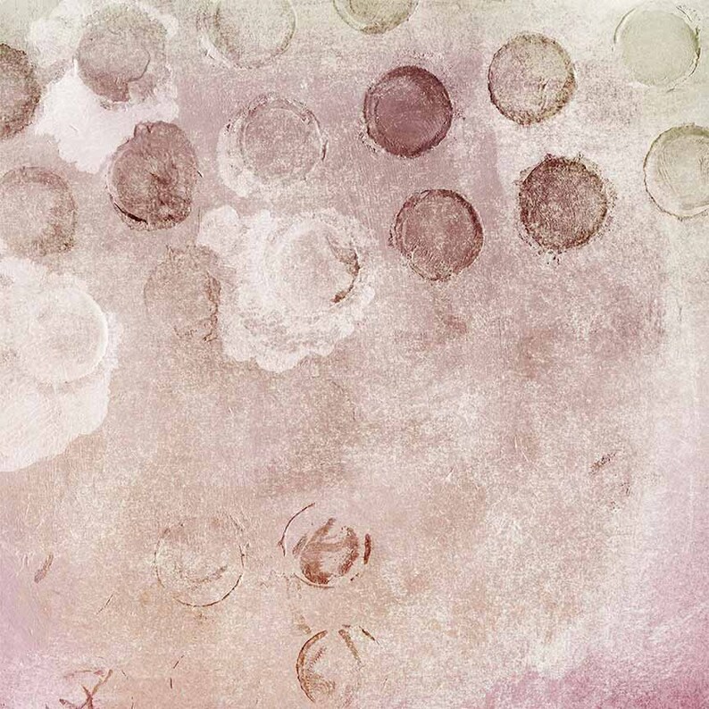 May include: Abstract art print with a pink background and a pattern of overlapping circles in shades of brown, white, and gray.