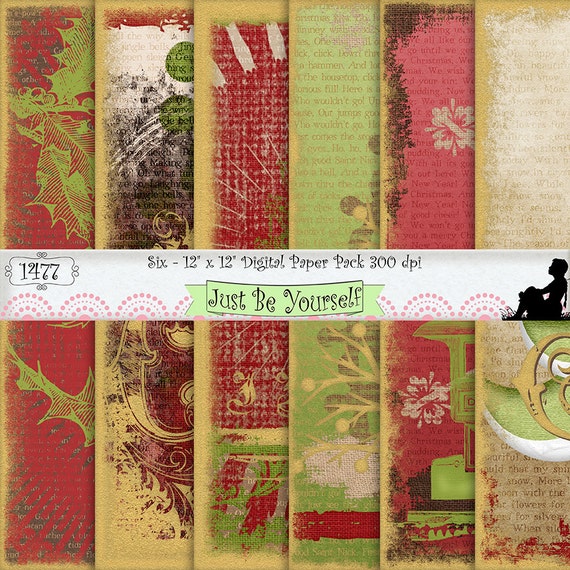 Vintage Christmas Collage 12 x 12 inch Digital Scrapbook Paper Instant Download Set of 6 JPEG Green Red Gold Beige Commercial Use 1477