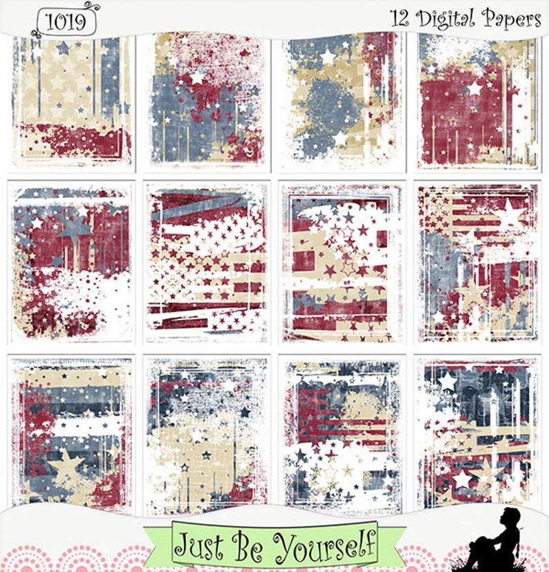 Grungy Red White and Blue Patriotic Digital Printable Papers Instant Download Set of 12 8.5 x 11 inches JPEG & PDF Commercial Use 1019 image 1