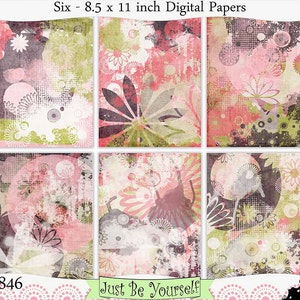 Fiori dipinti rosa e verdi invecchiati Pintable Digital Papers Download immediato Set di 6 - 8,5 x 11 pollici JPEG e PDF Uso commerciale 1846