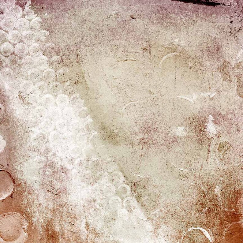 May include: Abstract art painting with a textured background in shades of brown, beige, and white. The painting features a white design of overlapping circles that create a flowing pattern.