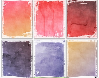Puede incluir: Seis papeles digitales con texturas de acuarela en tonos rojos, naranjas, morados y marrones. Los papeles tienen un aspecto desgastado y vintage con bordes descoloridos.
