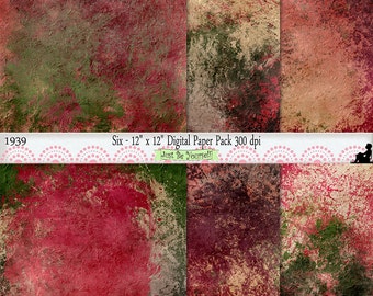 12 x 12 inch Grungy Textured Red Green Painted Scrapbook Background Papers Instant Download Set of 6 Digital Prints JPEG Commercial Use 1939