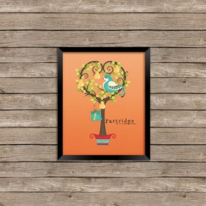 Pu&ograve; includere: Una stampa incorniciata di un albero a forma di cuore con un uccello blu appollaiato su un ramo. L'albero &egrave; decorato con pere gialle e il testo "Partridge - In a Pear Tree". L'albero &egrave; in un vaso rosso con il testo "Tree of Love".