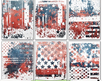 Grungy Old Glory Patriotic Digital Art Prints Instant Download Set of 6 - 8.5 x 11 inch Printable Papers  JPEG & PDF Red White Blue 1394