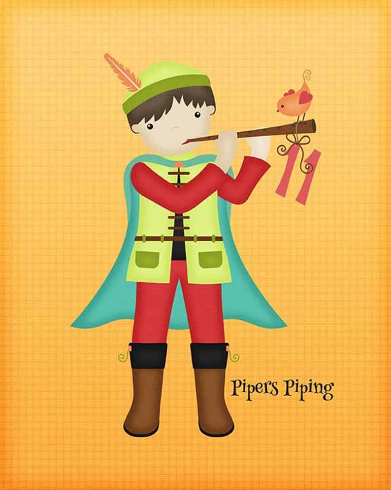 Pu&ograve; includere: Un'illustrazione di un cartone animato di un ragazzo con un cappello verde, una camicia rossa e un mantello blu che suona il flauto. Un piccolo uccello rosso &egrave; appollaiato sul flauto. Il testo "Piper's Piping" &egrave; in basso nell'immagine.