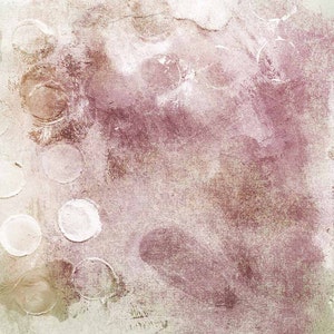 May include: Abstract painting with a pink and white color scheme. The painting features a textured background with white circles scattered throughout.