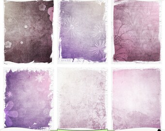 Puede incluir: Seis papeles digitales con un aspecto desgastado y vintage. Los papeles presentan una variedad de colores, incluyendo morado, rosa y marrón. Algunos papeles tienen diseños florales, mientras que otros tienen un aspecto más abstracto.
