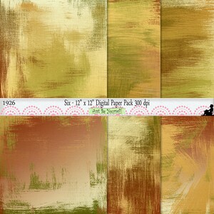 Puede incluir: Seis fondos de papel digital en un conjunto. Los papeles presentan un diseño texturizado de pinceladas en tonos marrones, amarillos y verdes. El texto "Six - 12" x 12" Digital Paper Pack 300 dpi" y "Just Be Yourself" está incluido en la imagen.