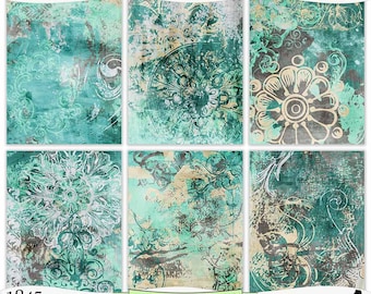 May include: Six digital papers in a teal, green, and brown colour scheme with a distressed, vintage look. The papers feature intricate floral and geometric patterns.