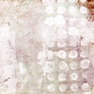 May include: Abstract art print with a white polka dot pattern on a textured, light brown background. The background has a faded, vintage look.
