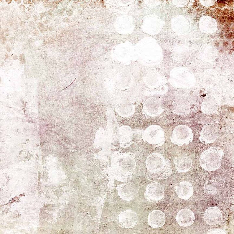 May include: Abstract art print with a white polka dot pattern on a textured, light brown background. The background has a faded, vintage look.