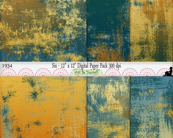 12 x 12 inch Grungy blauw Teal geel geschilderd Scrapbook achtergrondpapier Instant Download Set van 6 digitale Cardstock JPEG commercieel gebruik 1934