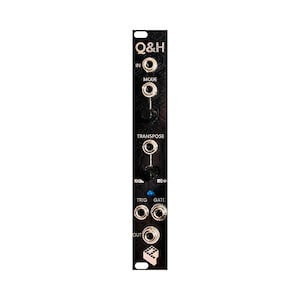 May include: Black electronic module with white text and silver knobs. The module has the text "Q&H" at the top, with labels like "IN", "MODE", "TRANSPOSE", "TRIG", "GATE", and "OUT". A small cube graphic is at the bottom.