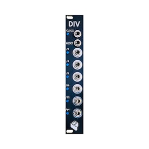 May include: A black electronic module featuring the text "DIV" and inputs for "CLOCK", "RESET", and fractional divisions. It has silver jacks, blue indicator lights, and a small graphic at the base. A piece of electronic equipment.