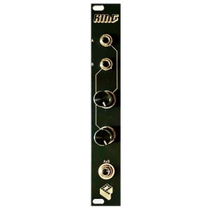 May include: Black and gold Eurorack module with the text "RING" on the front panel. The module has two knobs, two jacks, and a single output jack labelled "AxB".