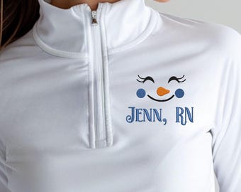 Embroidered Nurse Jacket Personalized Snowman Winter Scrub RN Nurse Gift Quarter Zip CNA Embroidery Custom for Student Nurse Christmas Gift