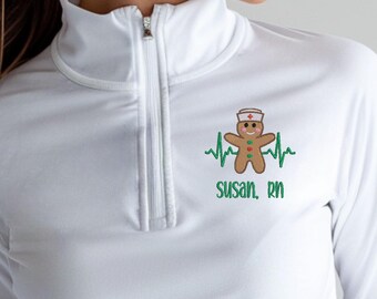 Embroidered Nurse Jacket Personalized Gingerbread Winter Scrub RN Nurse Gift Quarter Zip CNA Embroidery Custom Student Nurse Christmas Gift