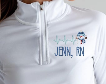 Embroidered Nurse Jacket Personalized Snowman Holiday Scrub RN Nurse Gift Quarter Zip CNA Embroidery Custom for Student Nurse Christmas Gift