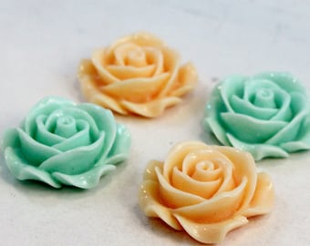 Beautiful Peach and Mint Green Resin Rose Cabochons, 4 Pieces, 34mm, Wholesale Beads