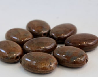 Glazed Honey Brown Porcelain Puffed Oval Beads, 30mm, 8 pieces