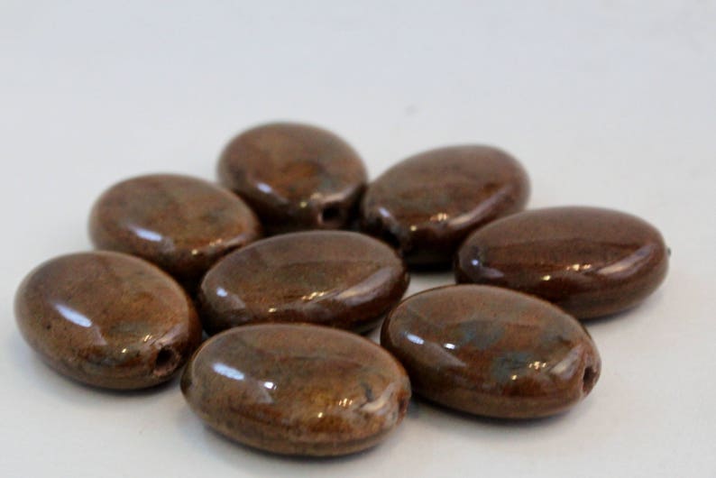 Glazed Honey Brown Porcelain Puffed Oval Beads, 30mm, 8 pieces image 1