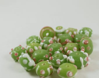 Lime Green, White, and Pink Lampwork Glass Rondelle Beads, Polka Dot