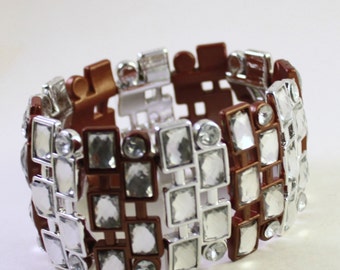 Metallic Silver & Copper Acrylic Beaded Bracelet, Double Strand, Rhinestones, Wholesale Bead Supplies