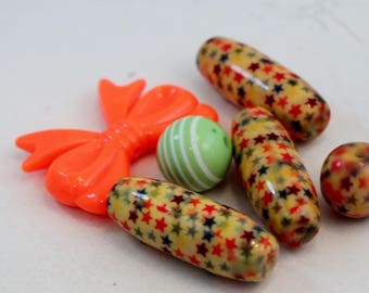 Yellow, Green, Orange Acrylic Bead Mix, Bow and Stars, Wholesale Loose Beads, Crafts