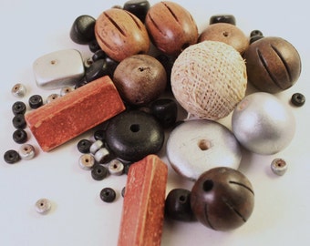 Assorted Brown, Cream, Silver, and Black Wood Beads, Mixed Shapes, Wholesale, Burlap